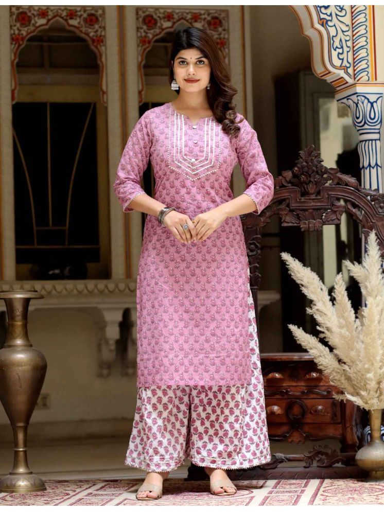     			Doriyaan Cotton Printed Kurti With Palazzo Women's Stitched Salwar Suit - Pink ( Pack of 1 )