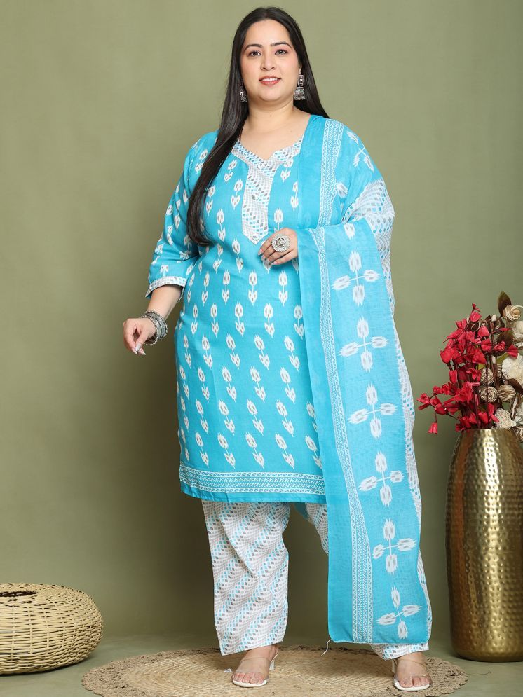     			Rajnandini Cotton Blend Printed Kurti With Palazzo Women's Stitched Salwar Suit - Teal ( Pack of 1 )