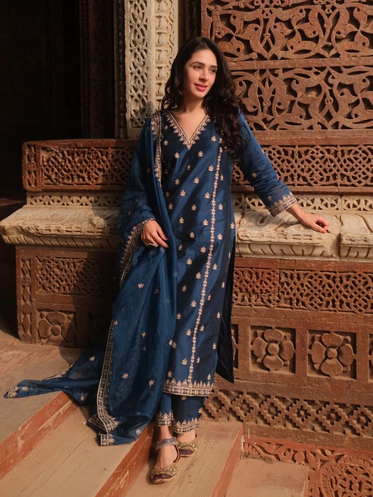     			Royal Export Chanderi Embroidered Kurti With Palazzo Women's Stitched Salwar Suit - Blue ( Pack of 1 )