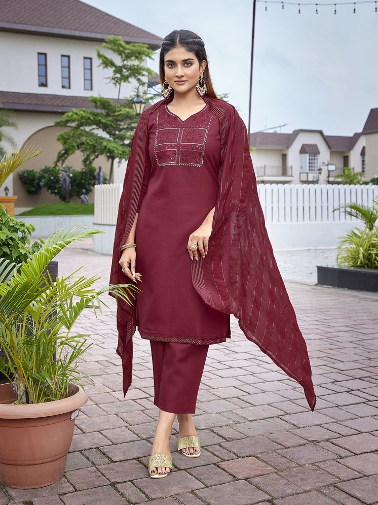     			Royal Export Cotton Blend Embellished Kurti With Pants Women's Stitched Salwar Suit - Maroon ( Pack of 1 )