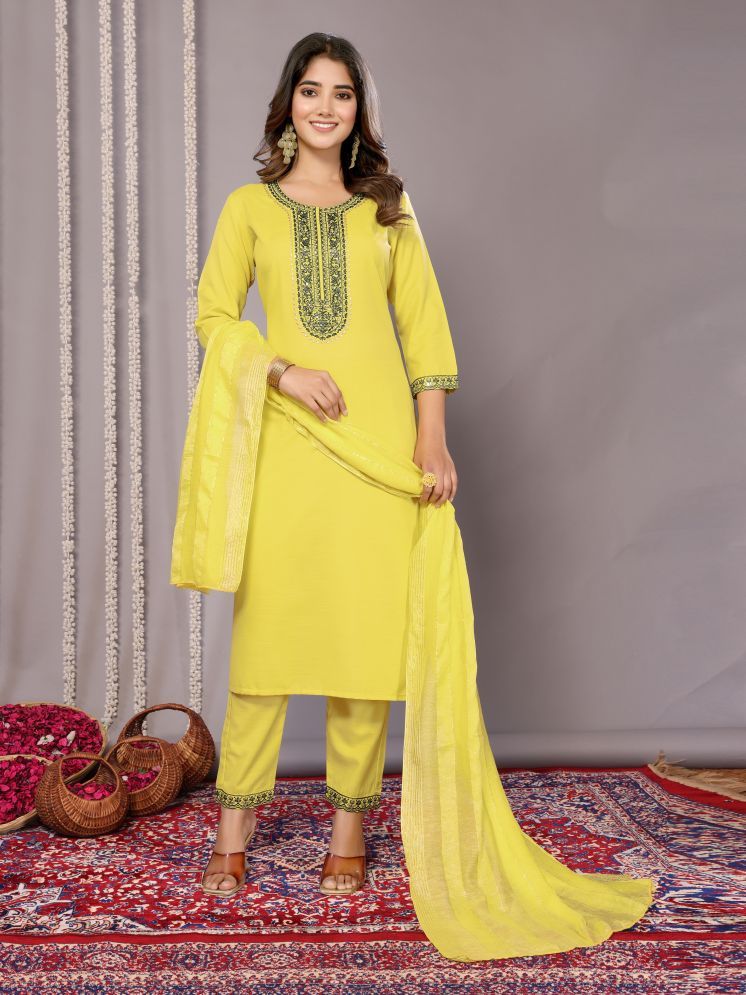     			Royal Export Cotton Blend Embroidered Kurti With Pants Women's Stitched Salwar Suit - Yellow ( Pack of 1 )