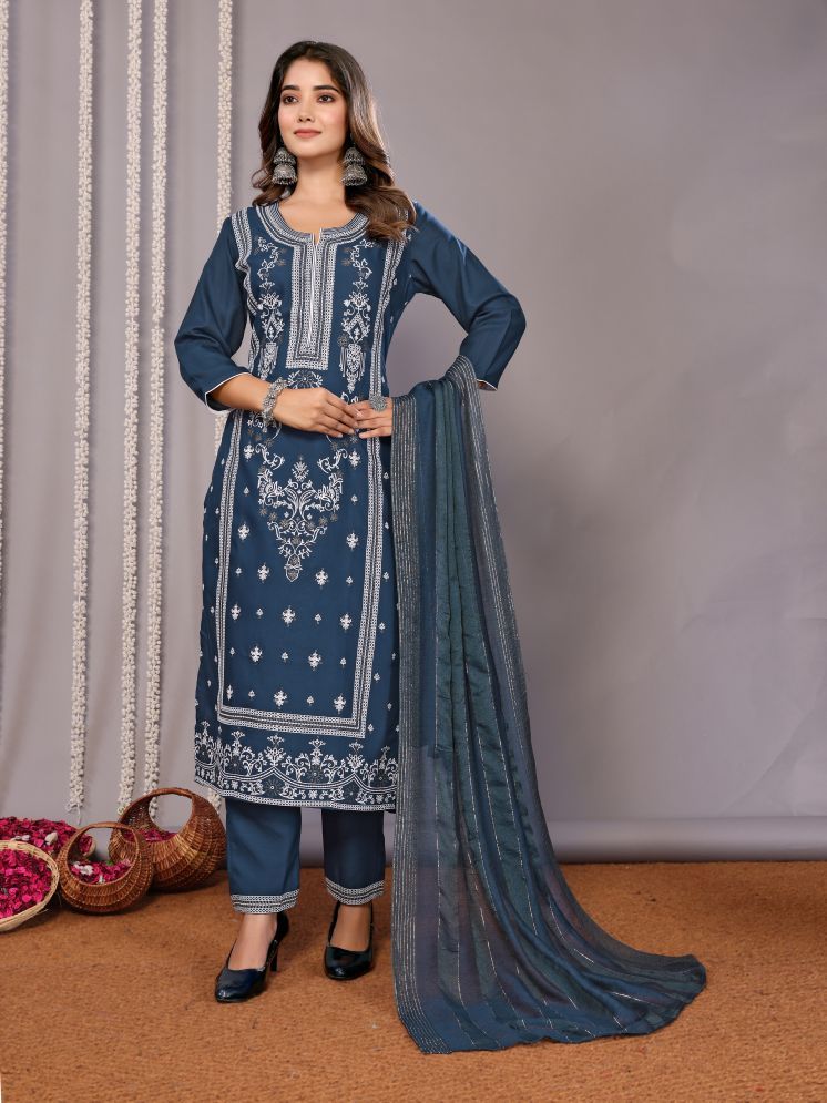     			Royal Export Cotton Blend Printed Kurti With Pants Women's Stitched Salwar Suit - Blue ( Pack of 1 )