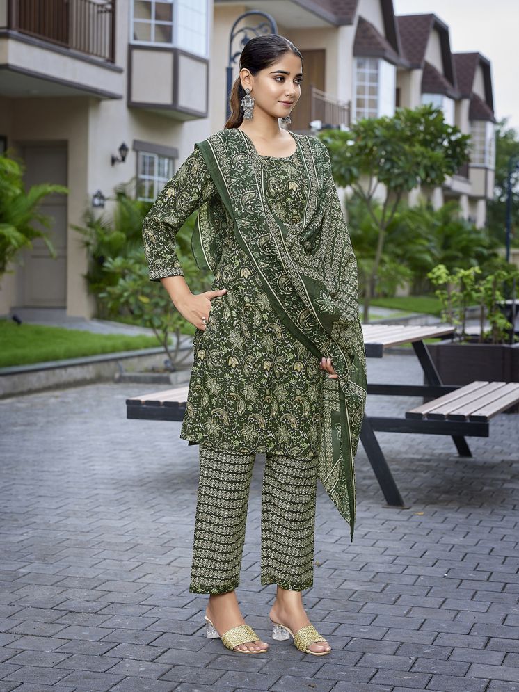     			Royal Export Cotton Blend Printed Kurti With Pants Women's Stitched Salwar Suit - Green ( Pack of 1 )