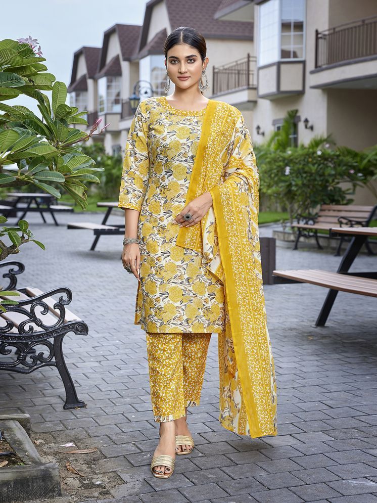     			Royal Export Cotton Blend Printed Kurti With Pants Women's Stitched Salwar Suit - Yellow ( Pack of 1 )