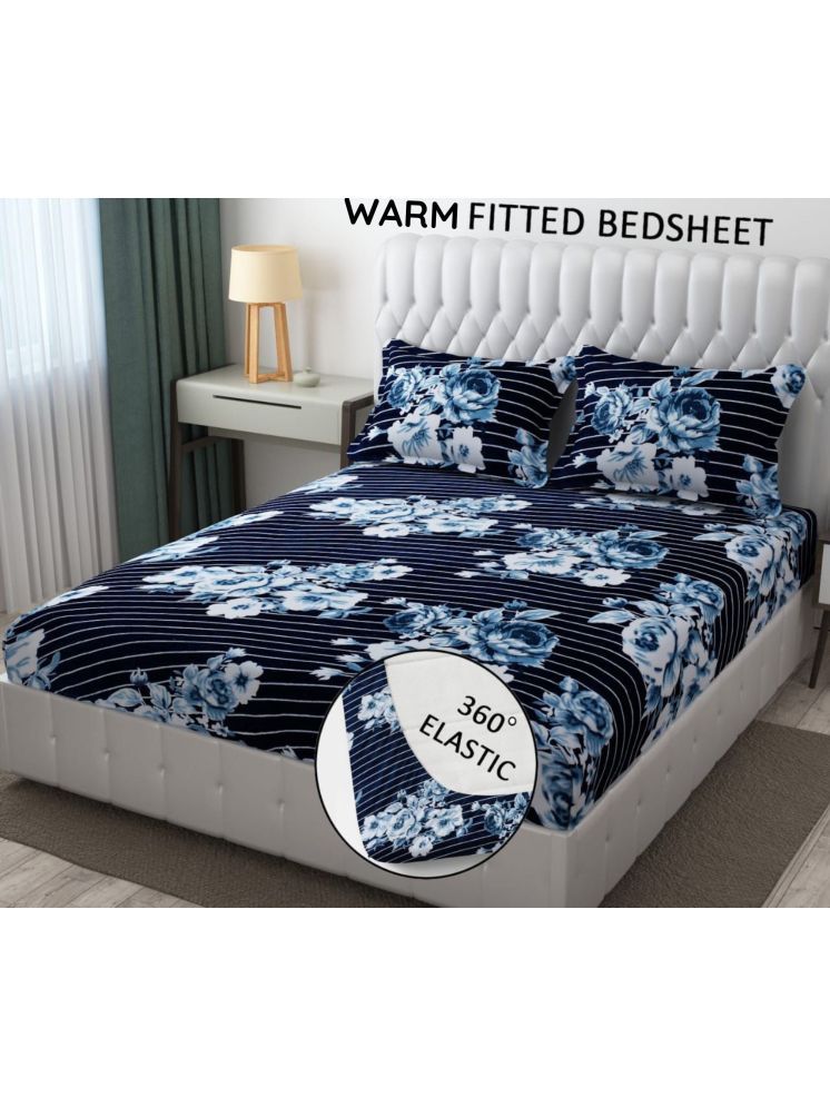     			SWIZIER Flannel Floral Fitted 1 Bedsheet with 2 Pillow Covers ( King Size ) - Blue