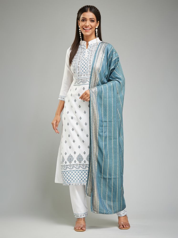     			Vividvibe Chanderi Printed Kurti With Pants Women's Stitched Salwar Suit - White ( Pack of 1 )