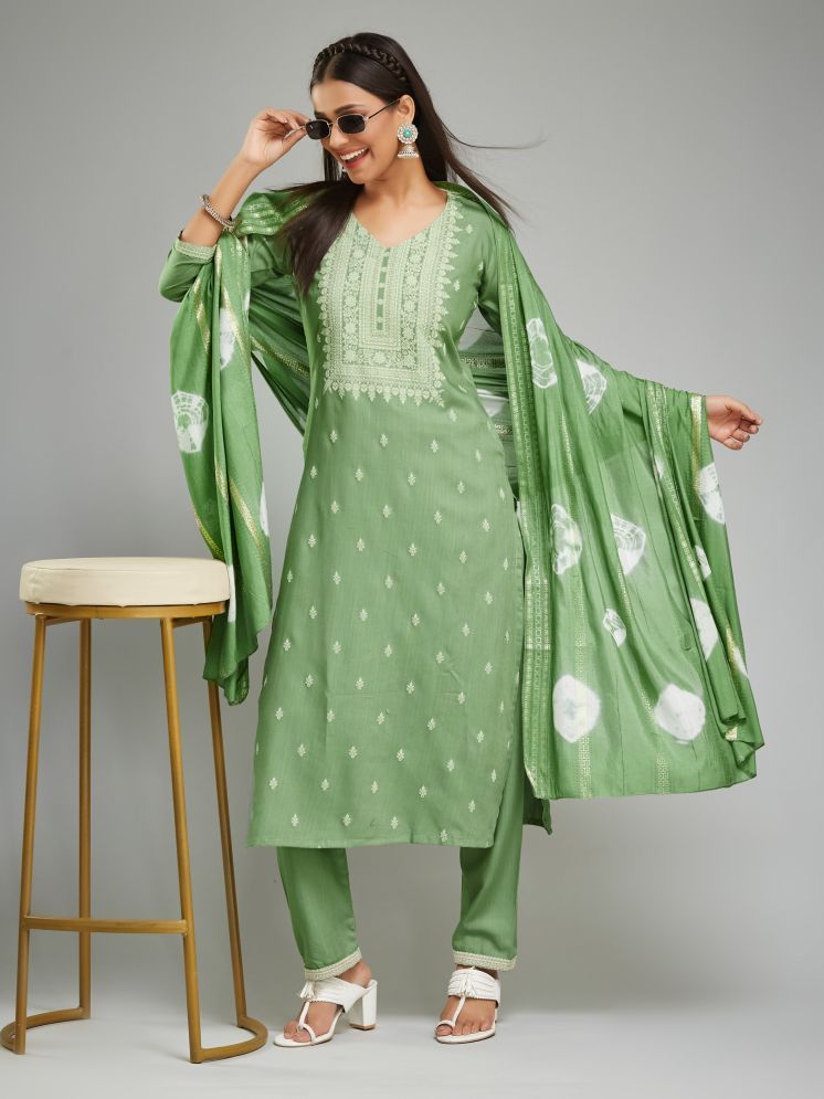     			Vividvibe Rayon Embroidered Kurti With Pants Women's Stitched Salwar Suit - Green ( Pack of 1 )