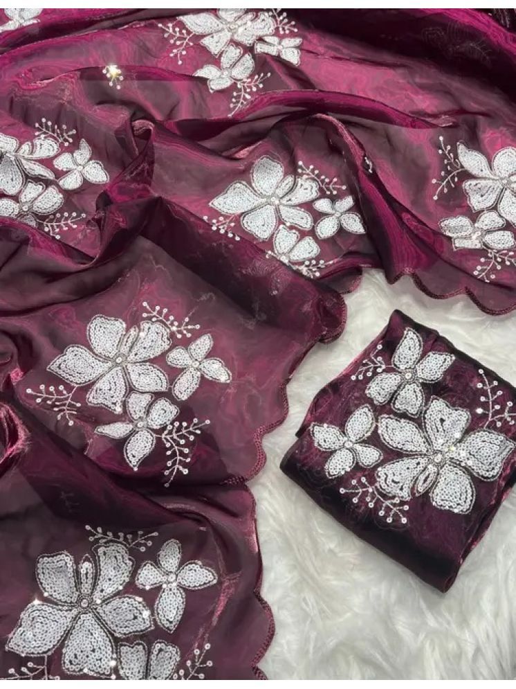     			A TO Z CART Pack of 1 Organza Embellished Saree With Blouse Piece ( Wine )