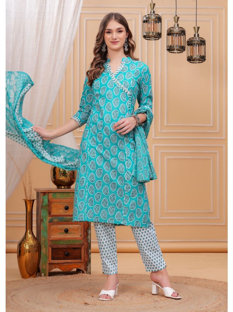     			JC4U Cotton Printed Kurti With Pants Women's Stitched Salwar Suit - Blue ( Pack of 1 )