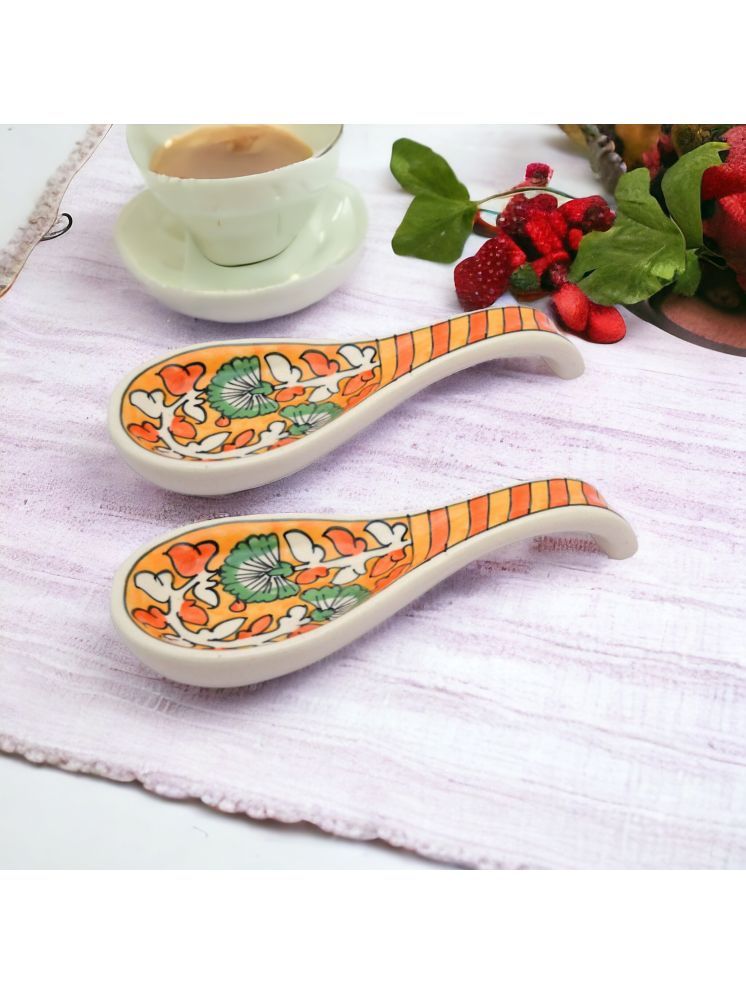     			Malaikah Orange Spoon Rest Ceramic Printed Soup Spoon Orange ( Pack of 2 )