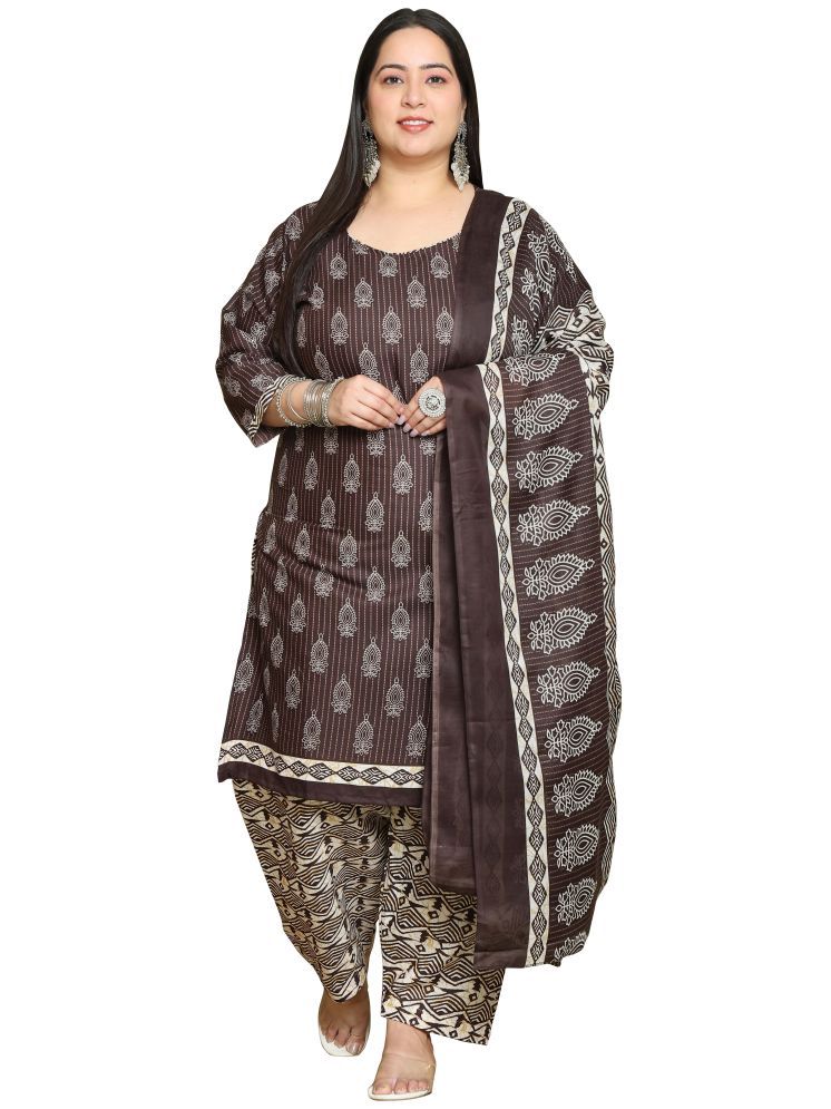     			Rajnandini Cotton Blend Printed Kurti With Patiala Women's Stitched Salwar Suit - Brown ( Pack of 1 )