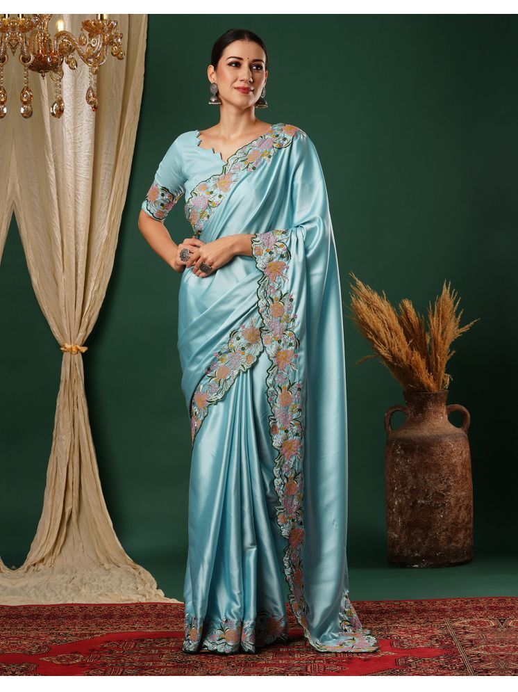     			Samah Pack of 1 Satin Embroidered Saree With Blouse Piece ( Light Blue )