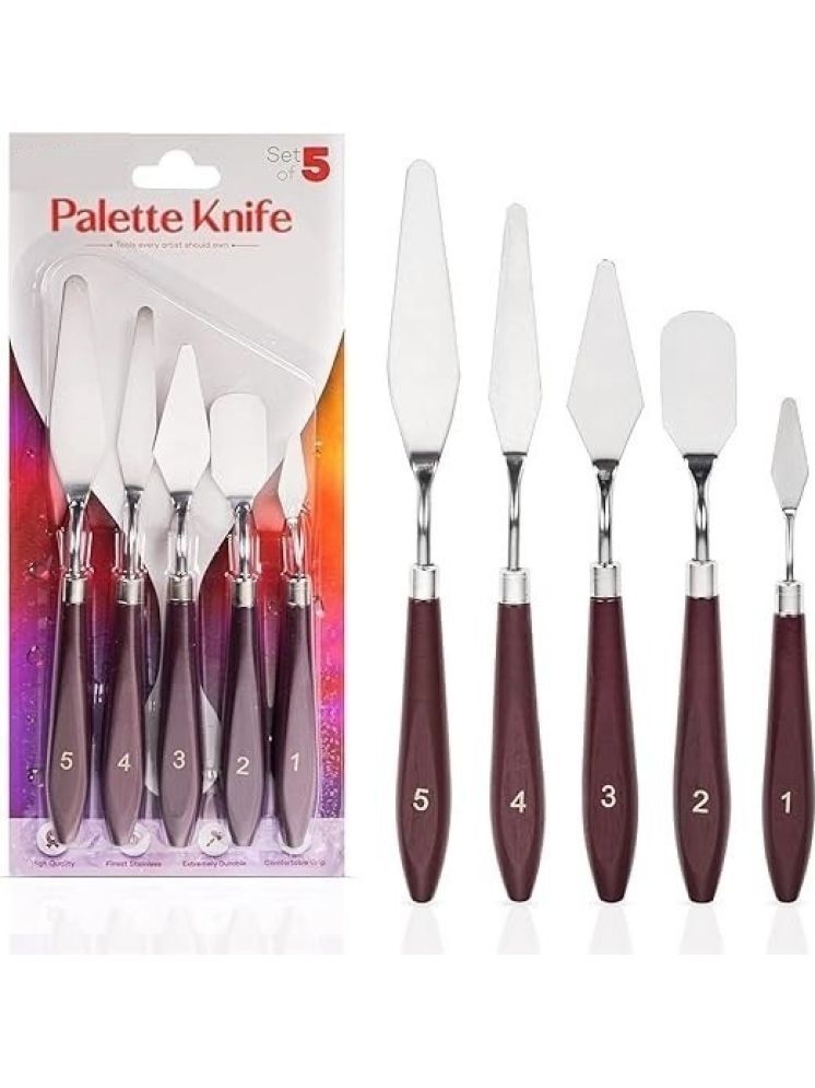     			freedy Palette Painting Knives - Set of 5 Various Sizes & Shapes, Stainless Steel Scraper Spatula with Polished Brown Handle for Artist Canvas Oil Paint Mixing Colour(L)