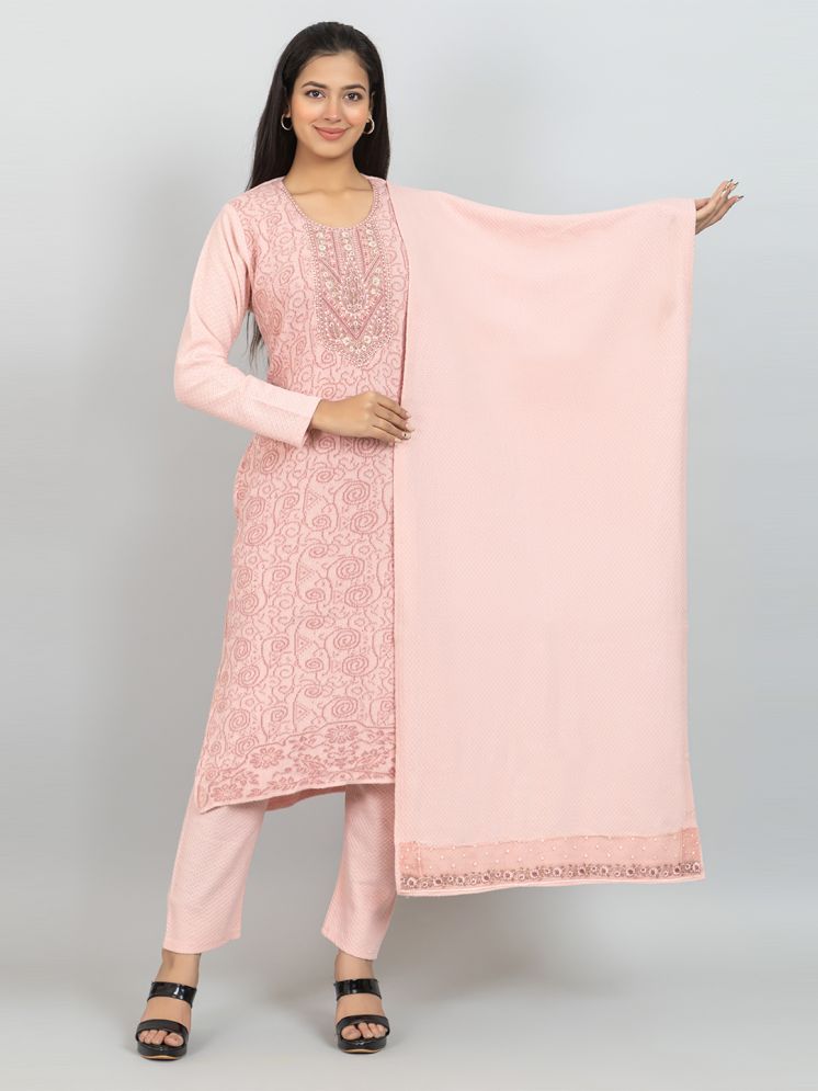     			woolkart Woollen Embroidered Kurti With Pants Women's Stitched Salwar Suit - Pink ( Pack of 1 )