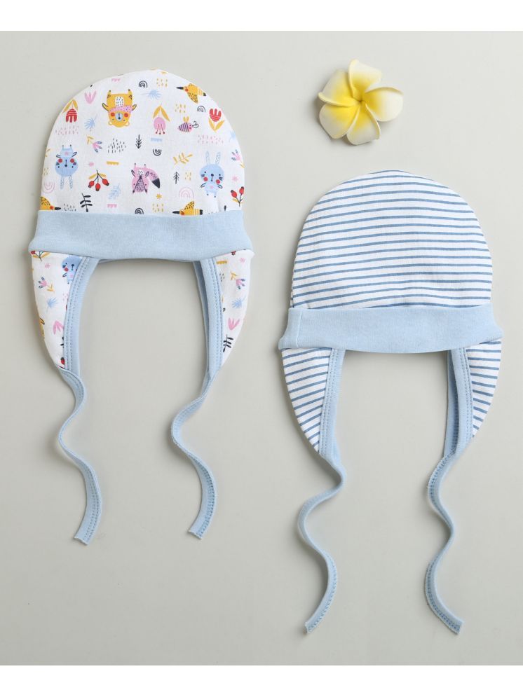     			BUMZEE Blue & White Baby Boys Ear Flap Tying Cap Pack Of 2 Age - 3-6 Months