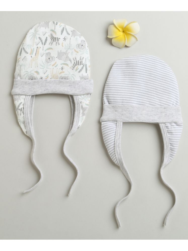     			BUMZEE Grey & White Baby Boys Ear Flap Tying Cap Pack Of 2 Age - 0-3 Months