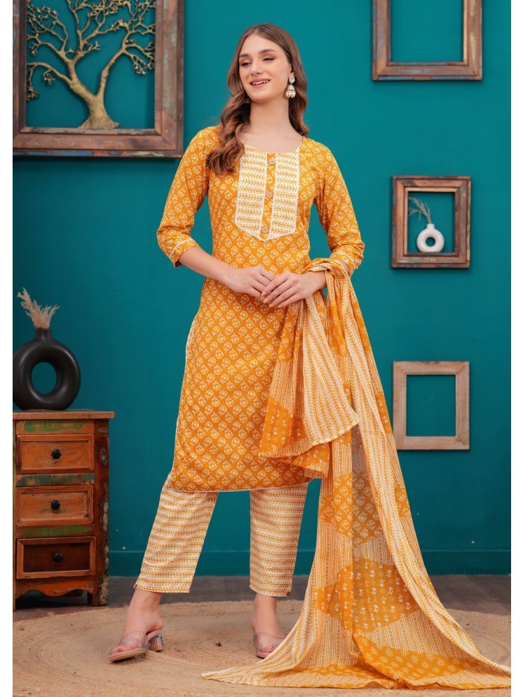     			HIGHLIGHT FASHION EXPORT Cotton Printed Kurti With Pants Women's Stitched Salwar Suit - Yellow ( Pack of 1 )