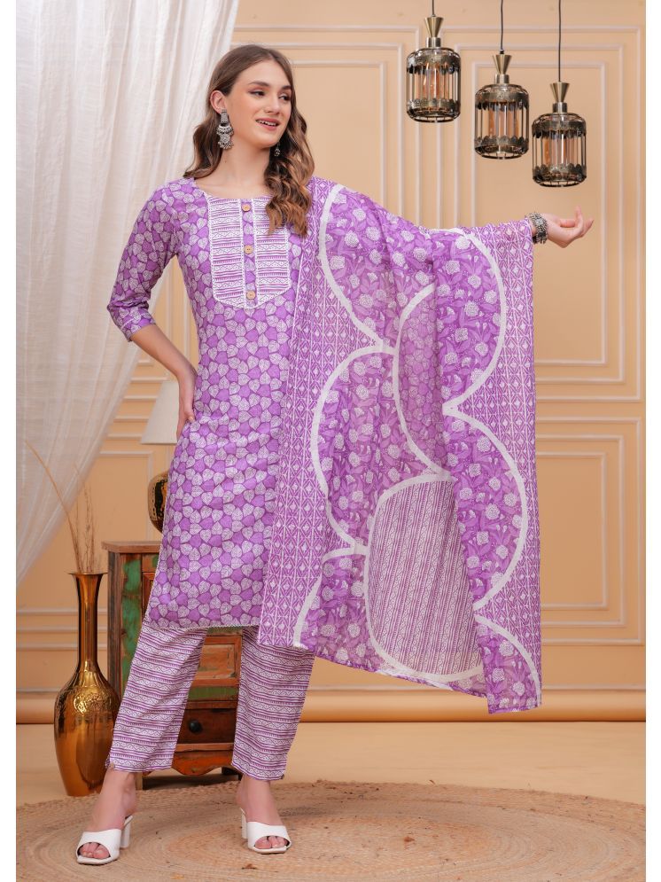     			HIGHLIGHT FASHION EXPORT Cotton Printed Kurti With Pants Women's Stitched Salwar Suit - Purple ( Pack of 1 )