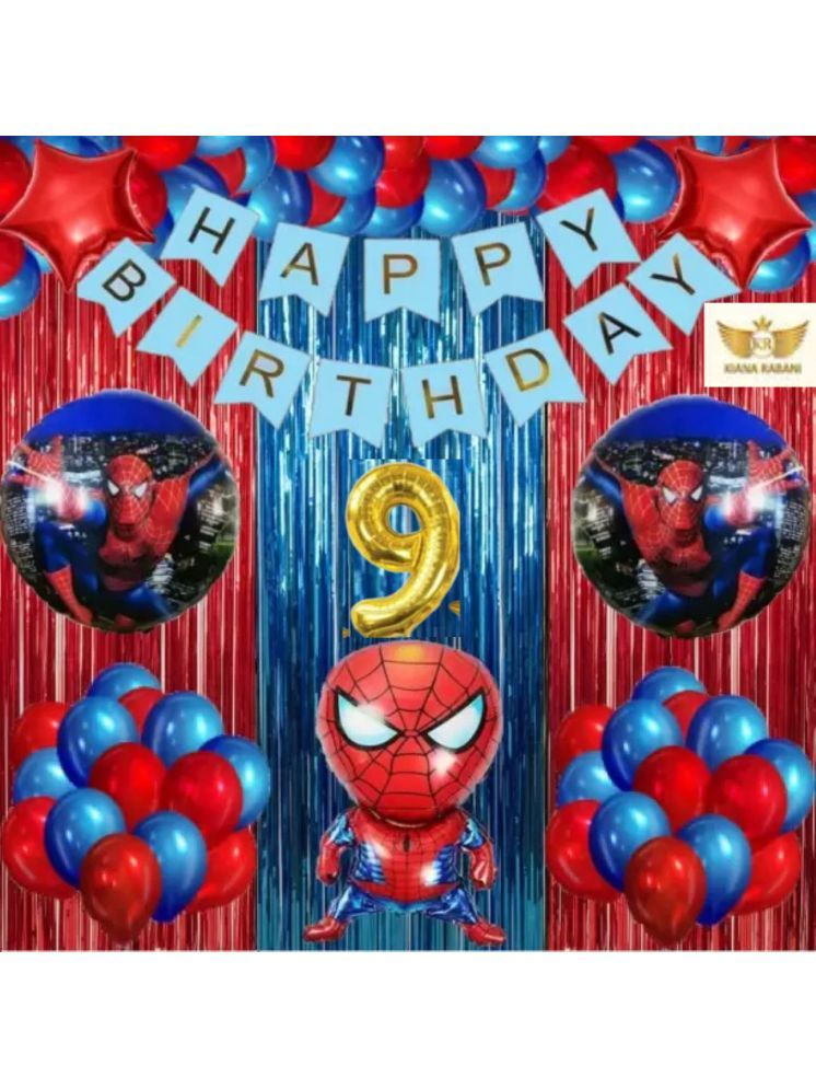     			KR 9TH HAPPY BIRTHDAY PARTY ( CELEBRATION ) DECORATION WITH HAPPY BIRTHDAY BLUE BANNER, 15 RED 15 BLUE BALLOON, 1 SPIDERMAN, 2 RUOND FOIL BALLOON, 2 STAR, 2 RED 1 BLUE CURTAIN 1 ARCH 9NO GOLD FOIL BALLOON