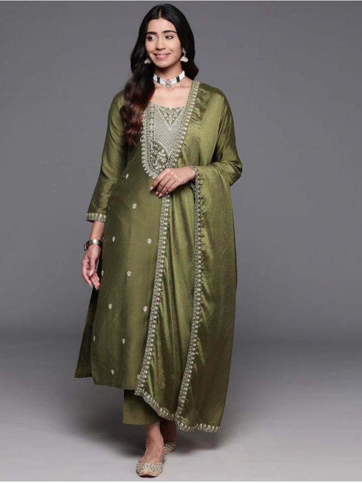     			Vividvibe Chiffon Embroidered Kurti With Pants Women's Stitched Salwar Suit - Green ( Pack of 1 )