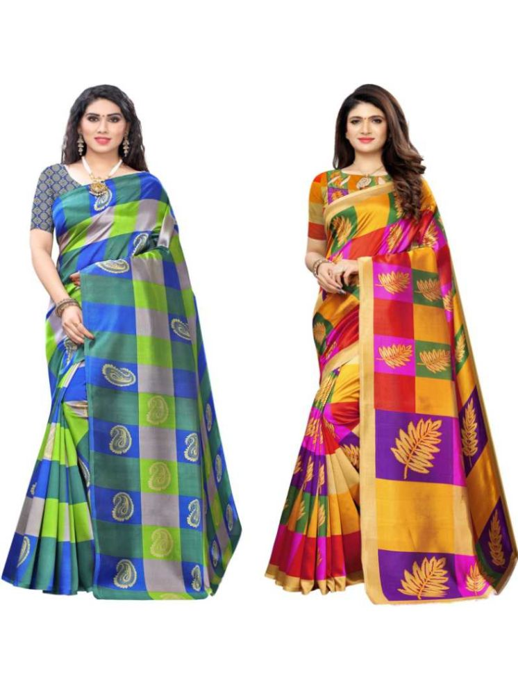     			Grubstaker Pack of 2 Art Silk Printed Saree With Blouse Piece ( Multicolor )