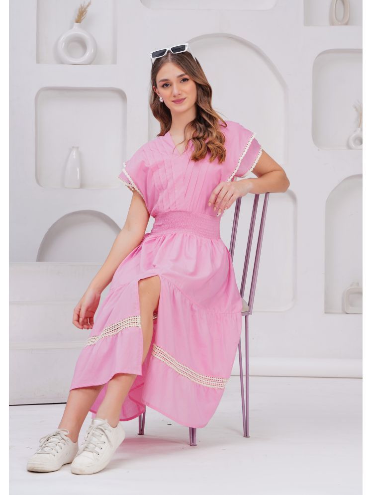     			JC4U Cotton Self Design Midi Women's Fit & Flare Dress - Pink ( Pack of 1 )