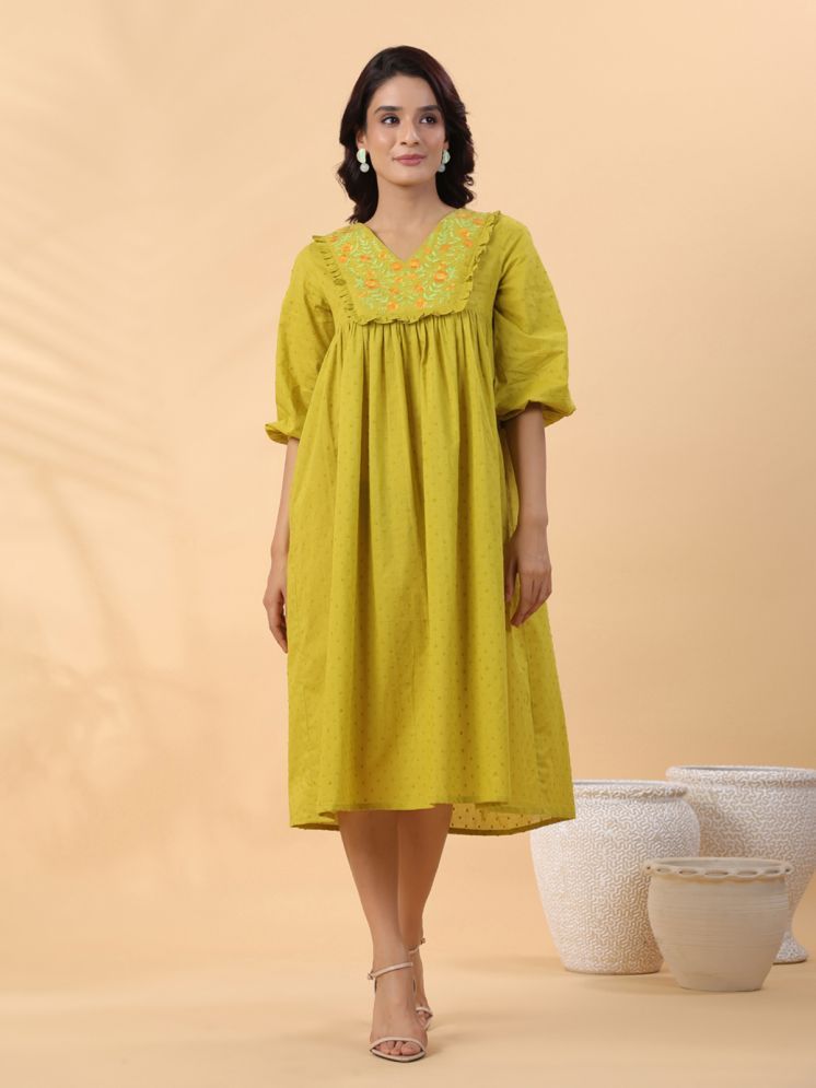     			Janasya Cotton Embroidered Midi Women's Fit & Flare Dress - Lime Green ( Pack of 1 )