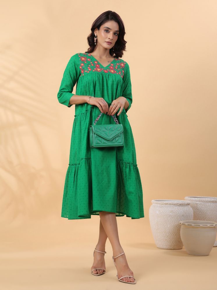     			Janasya Cotton Embroidered Midi Women's Fit & Flare Dress - Green ( Pack of 1 )