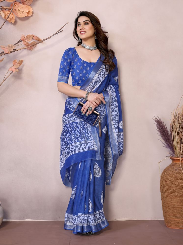     			NightBlue Pack of 1 Linen Printed Saree With Blouse Piece ( Blue )