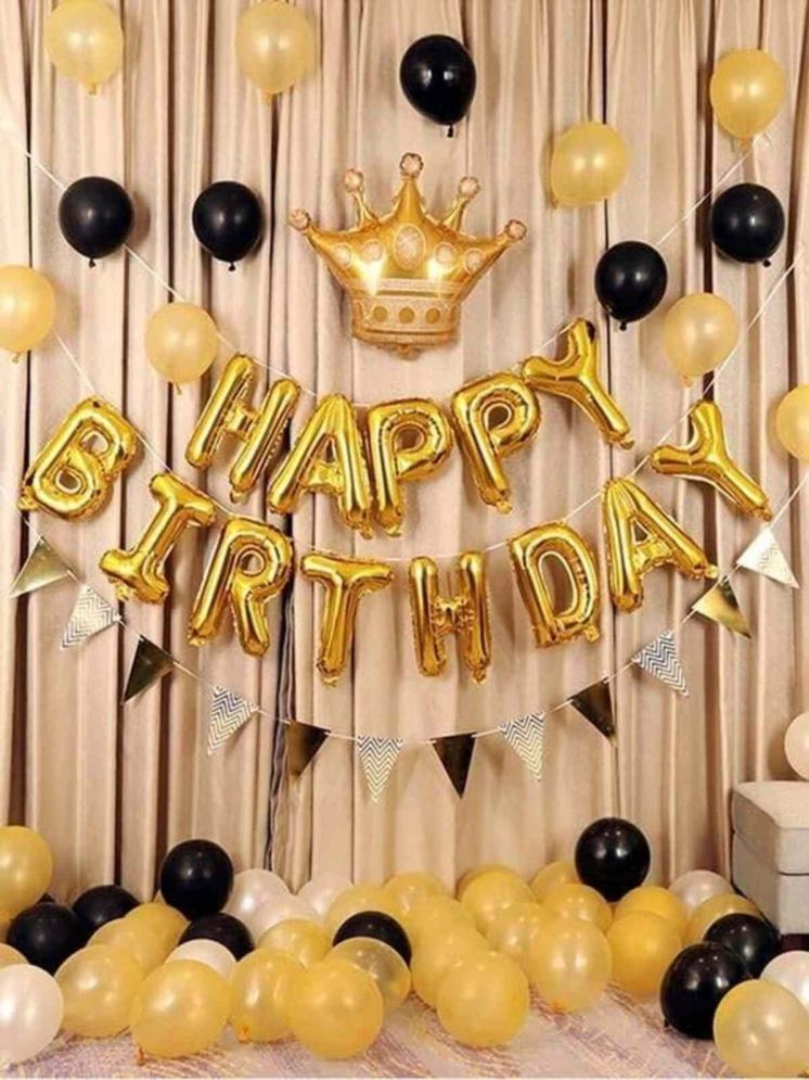     			PartyBooms Happy Birthday Gold Foil Decoration Item, 1 Gold Crown Foil, 15 Gold, 15 Black Balloon Pack of 32