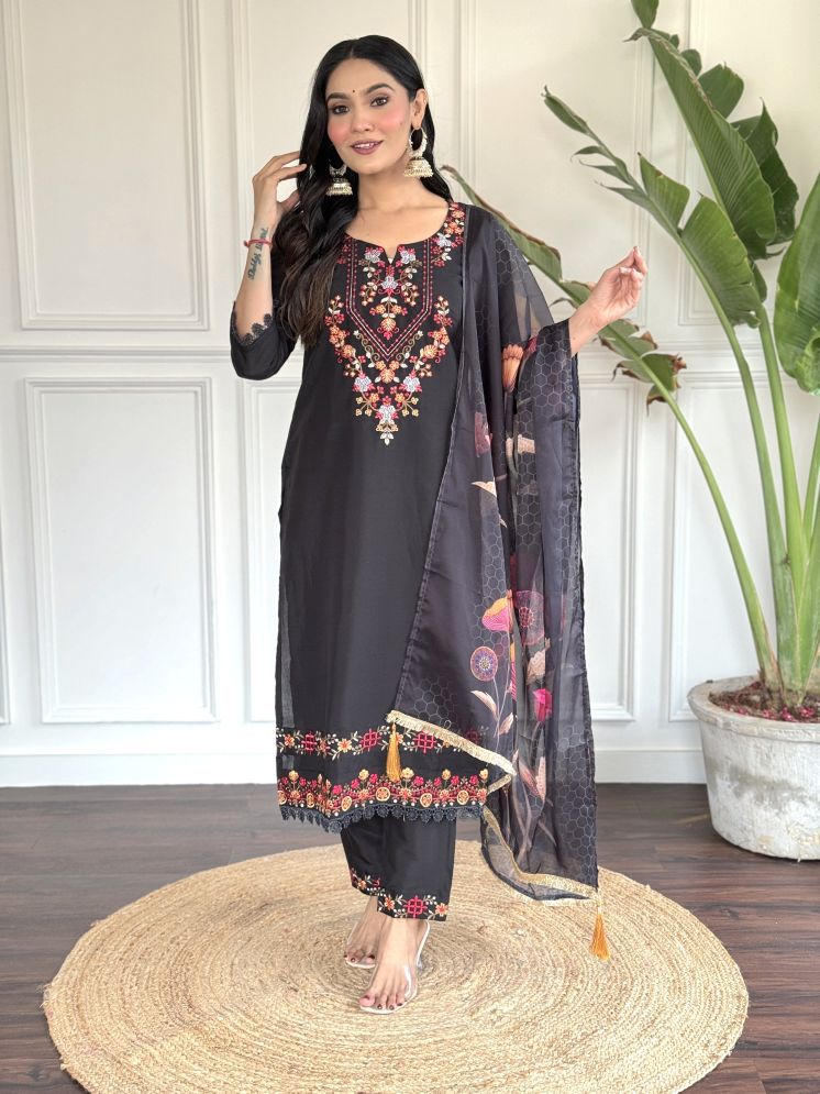     			SAREEKART FAB Chanderi Embroidered Kurti With Pants Women's Stitched Salwar Suit - Black ( Pack of 1 )