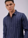 The Indian Garage Co. Cotton Blend Slim Fit Striped Full Sleeves Men's Casual Shirt - Navy Blue ( Pack of 1 )