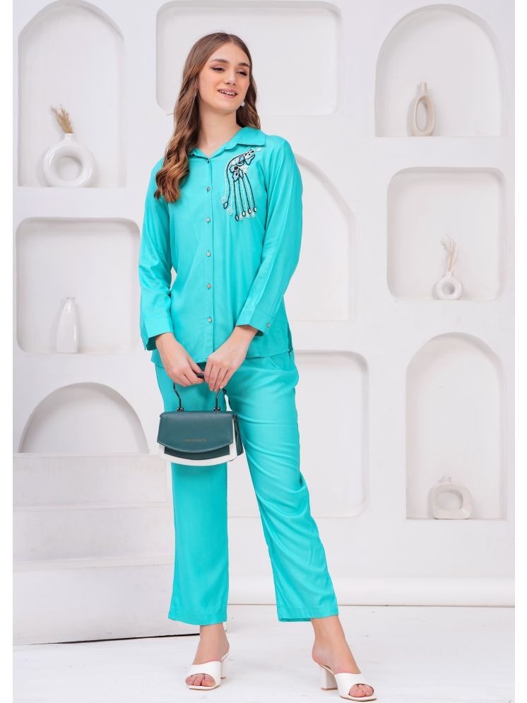     			HIGHLIGHT FASHION EXPORT Turquoise Embroidered Pant Top Set