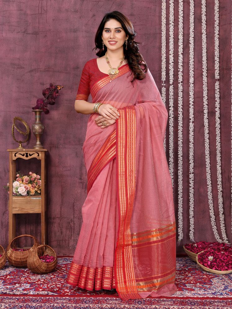     			Sidhidata Pack of 1 Cotton Blend Checks Saree With Blouse Piece ( Pink )