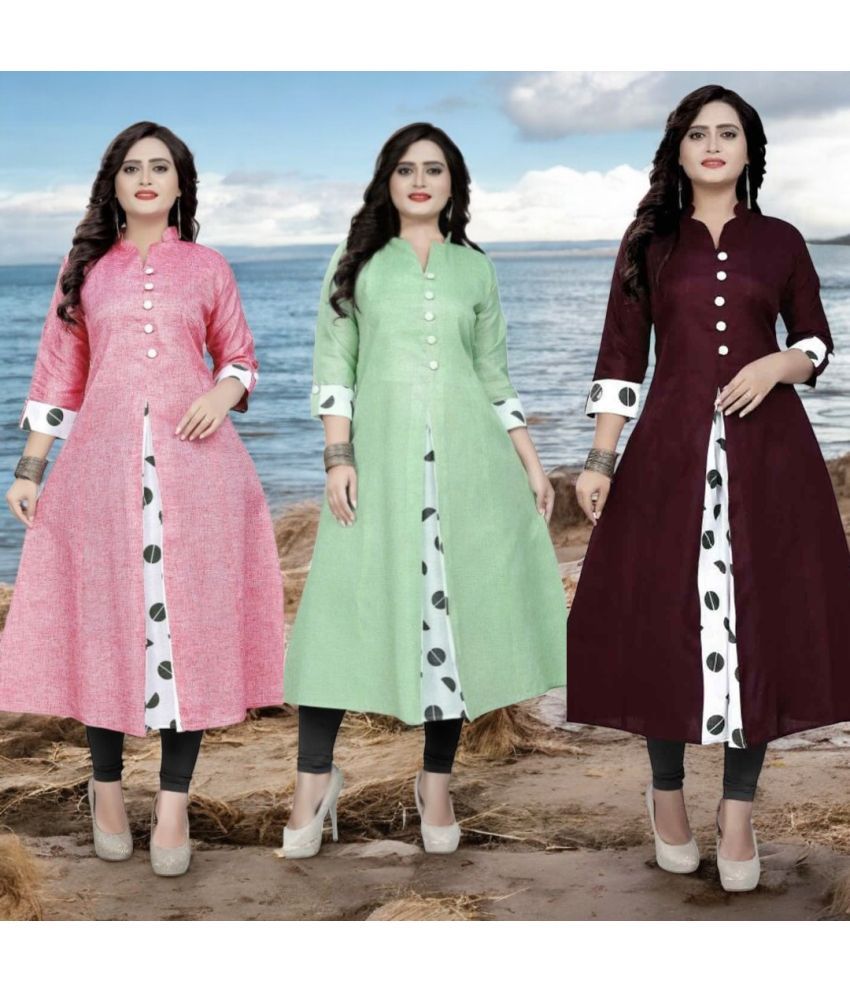     			VINHSCAPE Pack of 3 Cotton Embroidered Anarkali Women's Kurti - ( Multicolor )