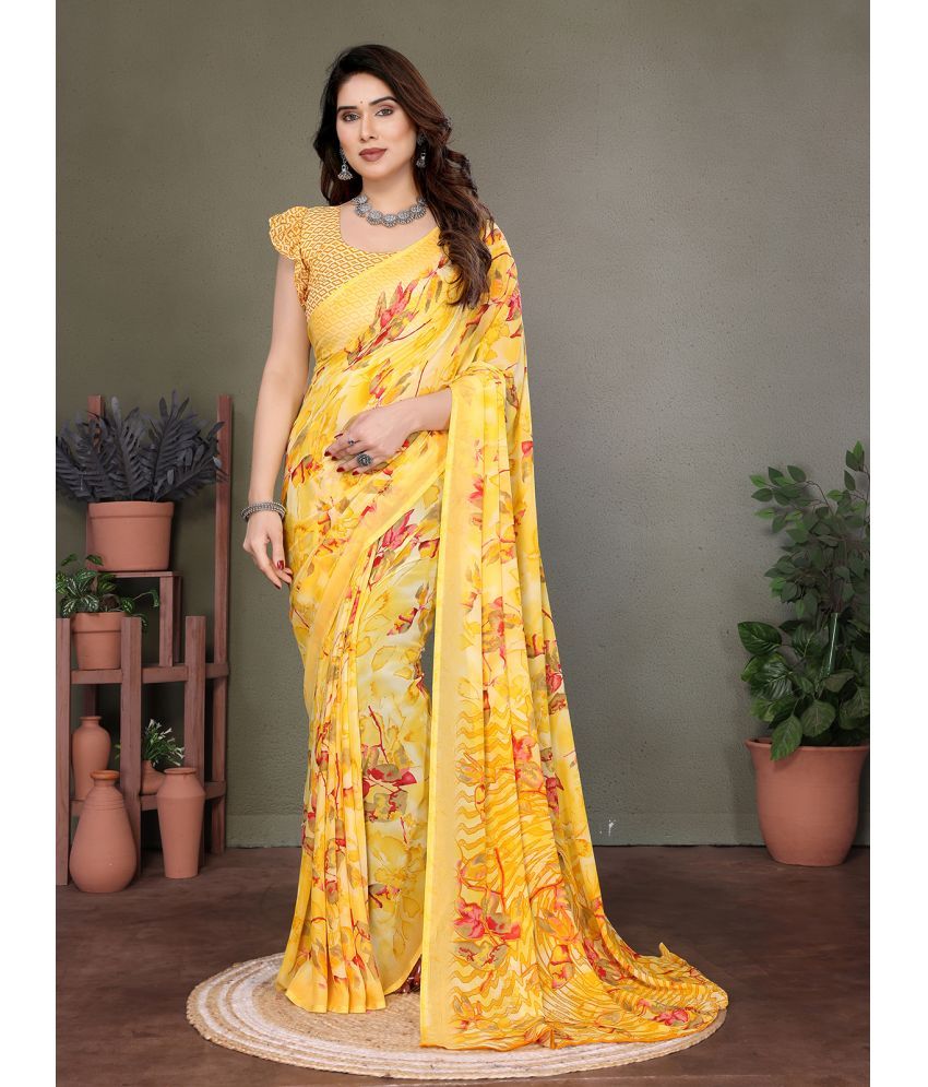     			Kashvi Sarees Pack of 1 Georgette Printed Saree With Blouse Piece ( Yellow )