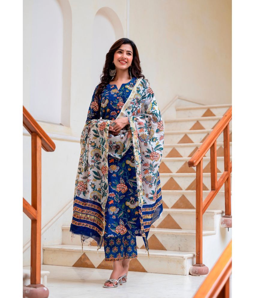     			THE FAB FACTORY Rayon Printed Kurti With Pants Women's Stitched Salwar Suit - Blue ( Pack of 1 )