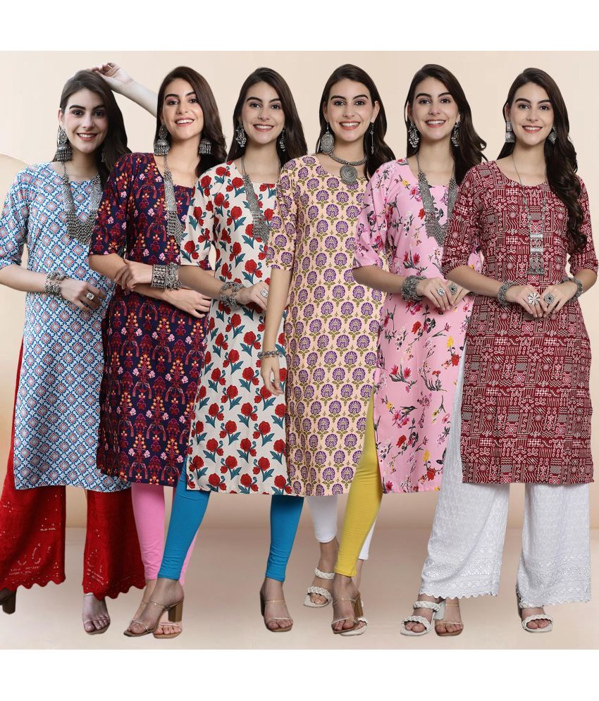     			1 Stop Fashion Pack of 6 Crepe Printed Straight Women's Kurti - ( Multicolor )