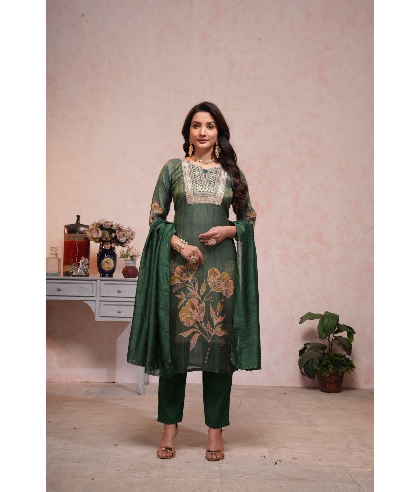     			ONIXINO Silk Embroidered Kurti With Pants Women's Stitched Salwar Suit - Green ( Pack of 1 )