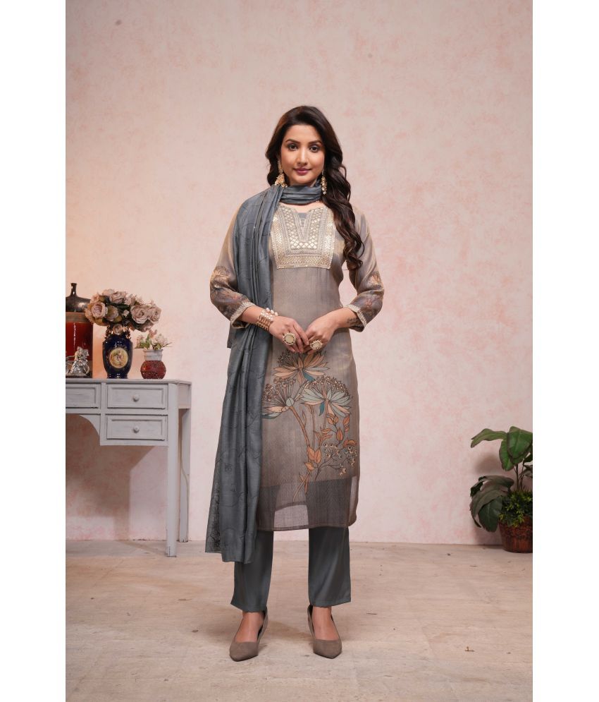     			ONIXINO Silk Embroidered Kurti With Pants Women's Stitched Salwar Suit - Grey ( Pack of 1 )