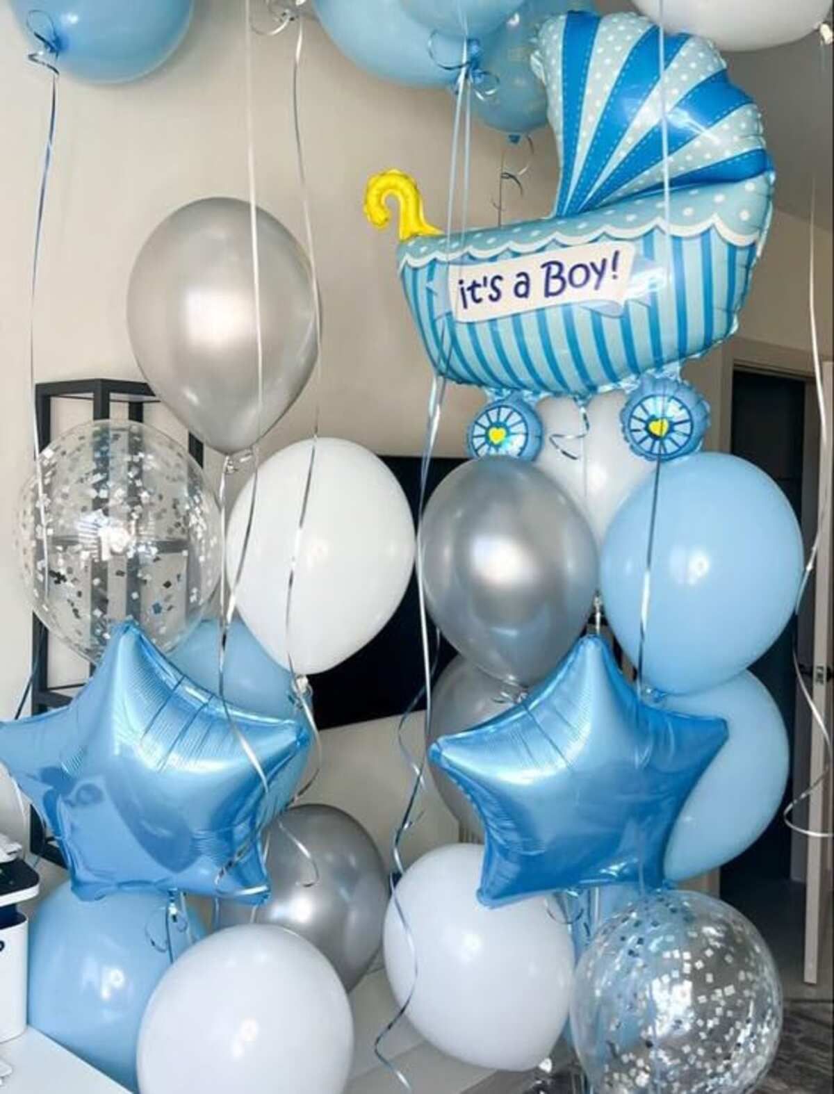     			PartyBooms It's Boy kart Foil Decoration, 2 Sky Blue Star Foil, 10 White, 10 Silver, 10 Sky Blue 5 Confetti Balloons, Pack of 38