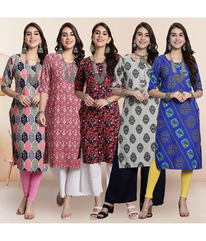     			1 Stop Fashion Pack of 5 Crepe Printed Straight Women's Kurti - ( Multicolor1 )