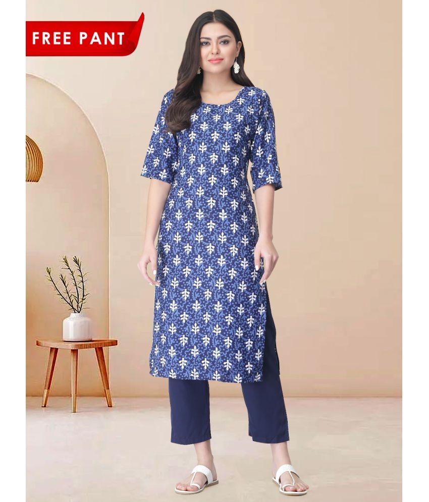     			Ethnicbasket Pack of 1 Crepe Printed Straight Women's Kurti - ( Blue )