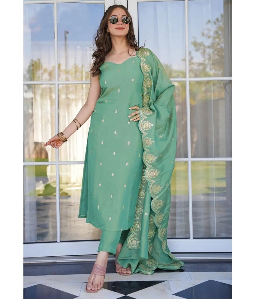     			Trijal Fab Cotton Silk Embroidered Kurti With Pants Women's Stitched Salwar Suit - Sea Green ( Pack of 1 )