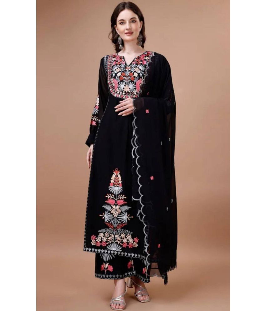     			Trijal Fab Georgette Embroidered Kurti With Pants Women's Stitched Salwar Suit - Black ( Pack of 1 )