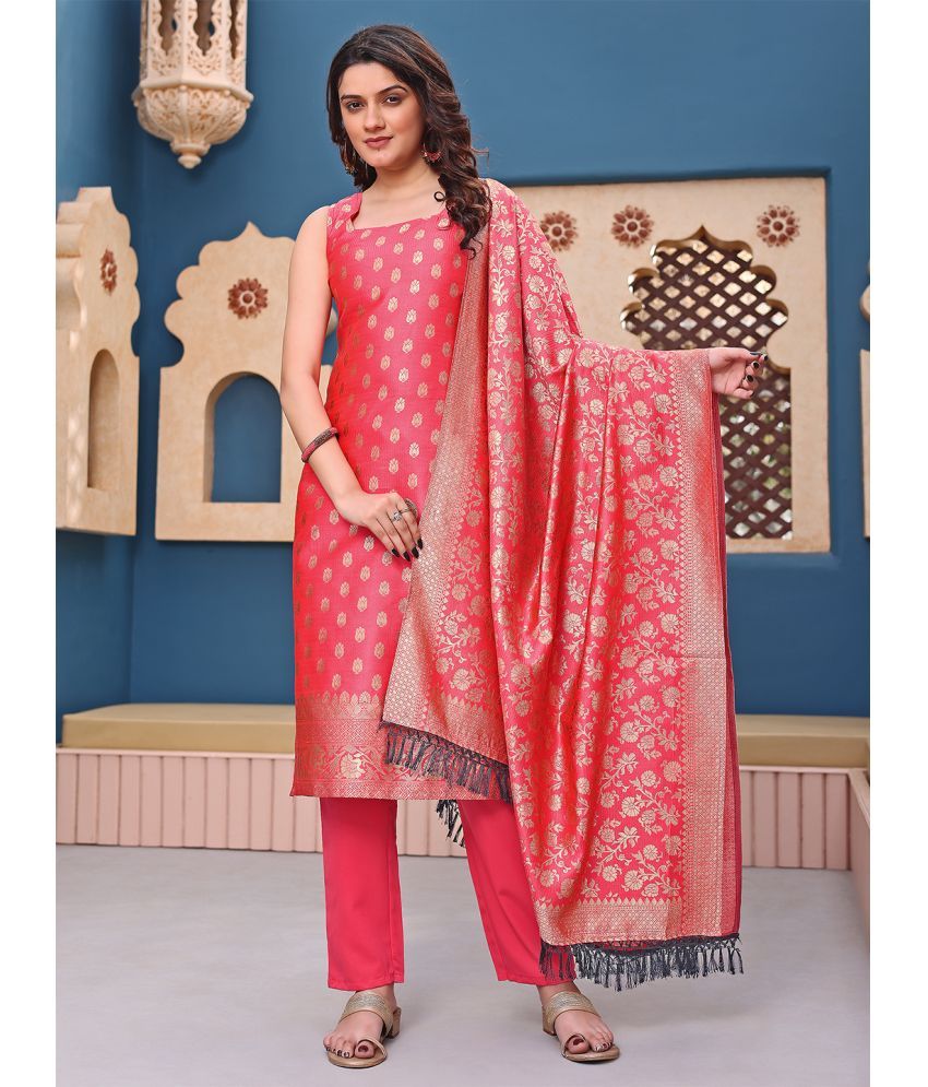     			Trijal Fab Silk Blend Self Design Kurti With Pants Women's Stitched Salwar Suit - Pink ( Pack of 1 )