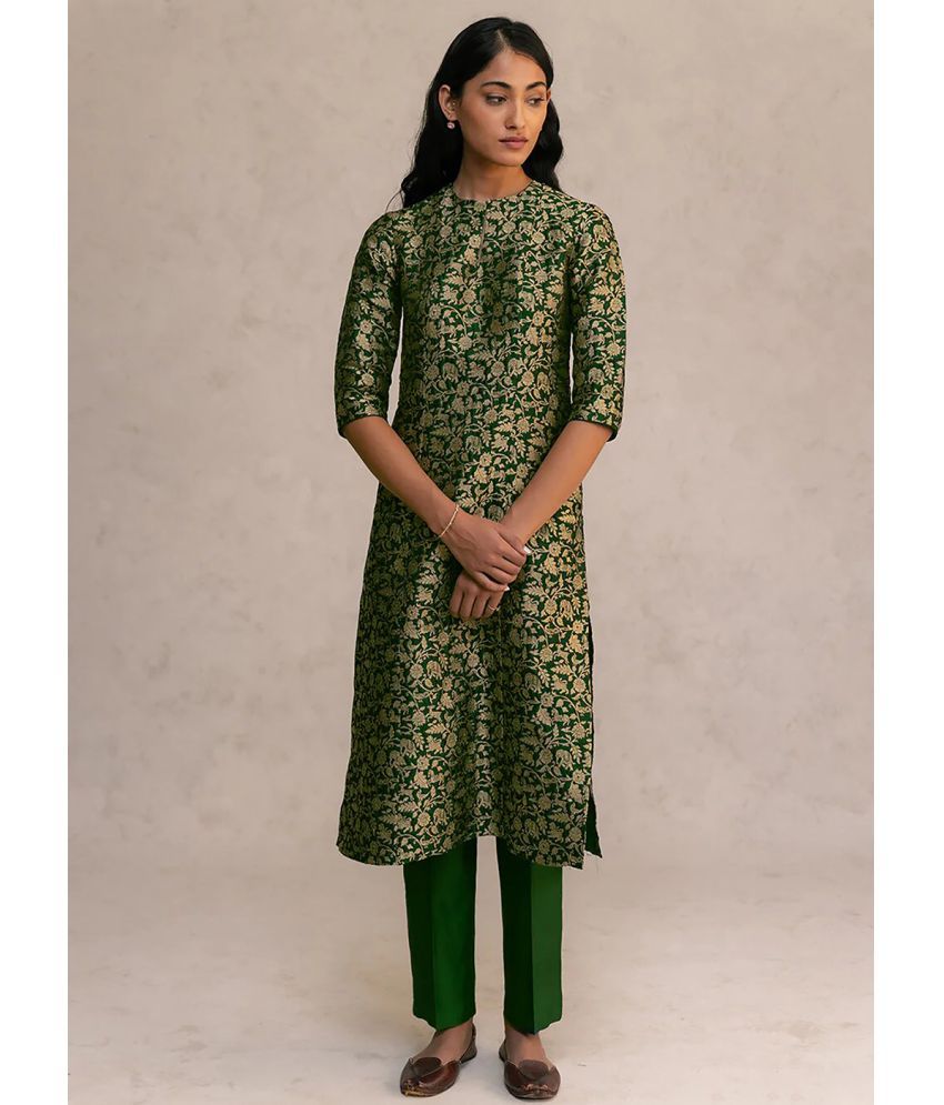     			Trijal Fab Silk Blend Self Design Kurti With Pants Women's Stitched Salwar Suit - Green ( Pack of 1 )