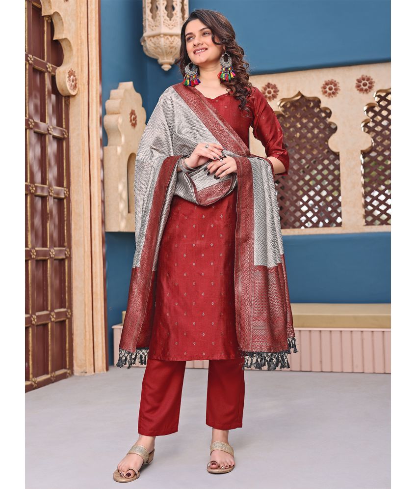     			Trijal Fab Silk Blend Self Design Kurti With Pants Women's Stitched Salwar Suit - Maroon ( Pack of 1 )