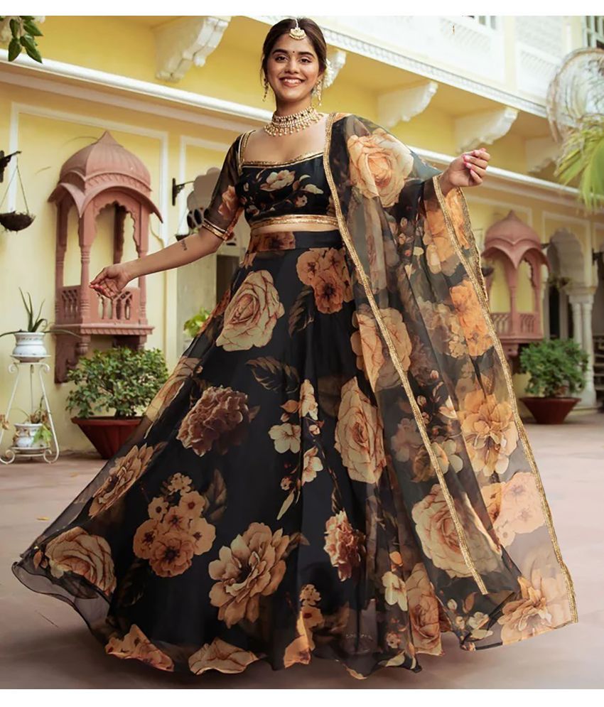     			kedar fab Black Organza A-line Semi Stitched Lehenga Single