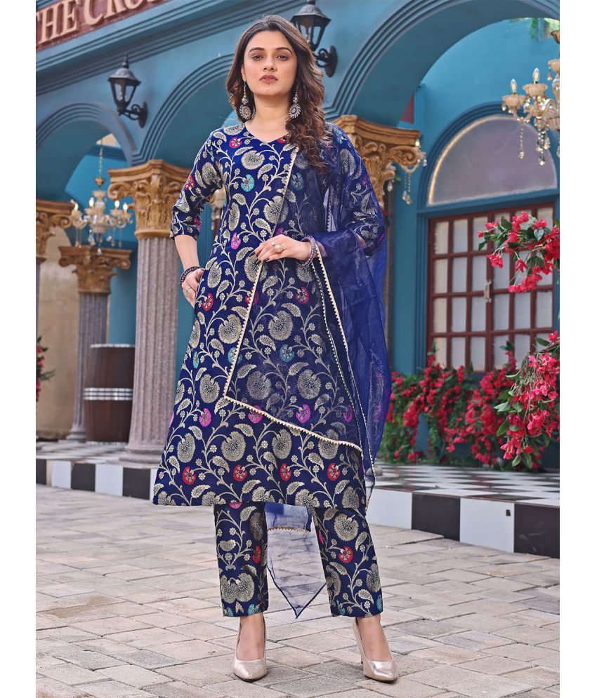     			kedar fab Silk Blend Self Design Kurti With Pants Women's Stitched Salwar Suit - Blue ( Pack of 1 )